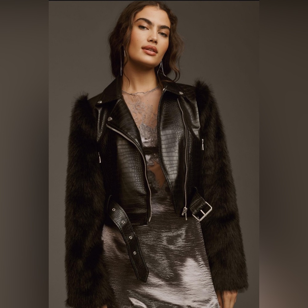 Avec Les Filles Textured Faux Leather Faux Fur Mix Biker Jacket BNWT